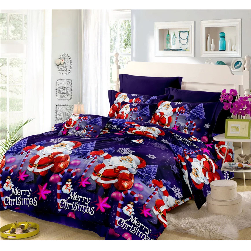 Luxury 3D Christmas Bedding Set Santa Claus Purple Duvet Cover Flat