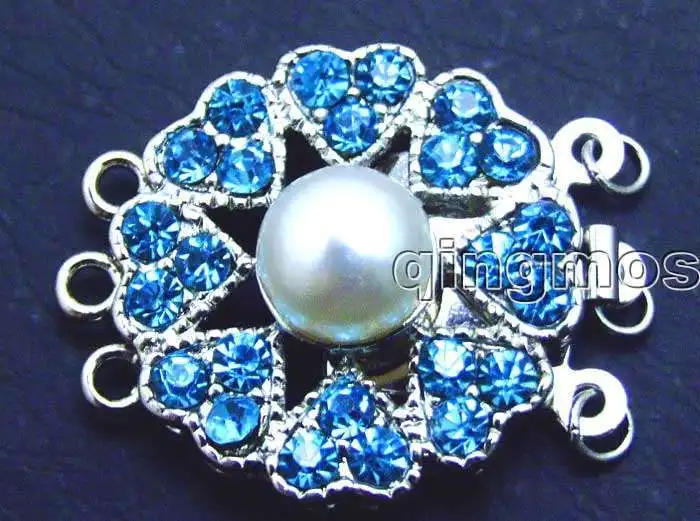 

SALE Big 8-9mm Natural White pearl 25mm Round 3 Strands Clasp with Blue crystal-gp183 wholesale/retail free shipping