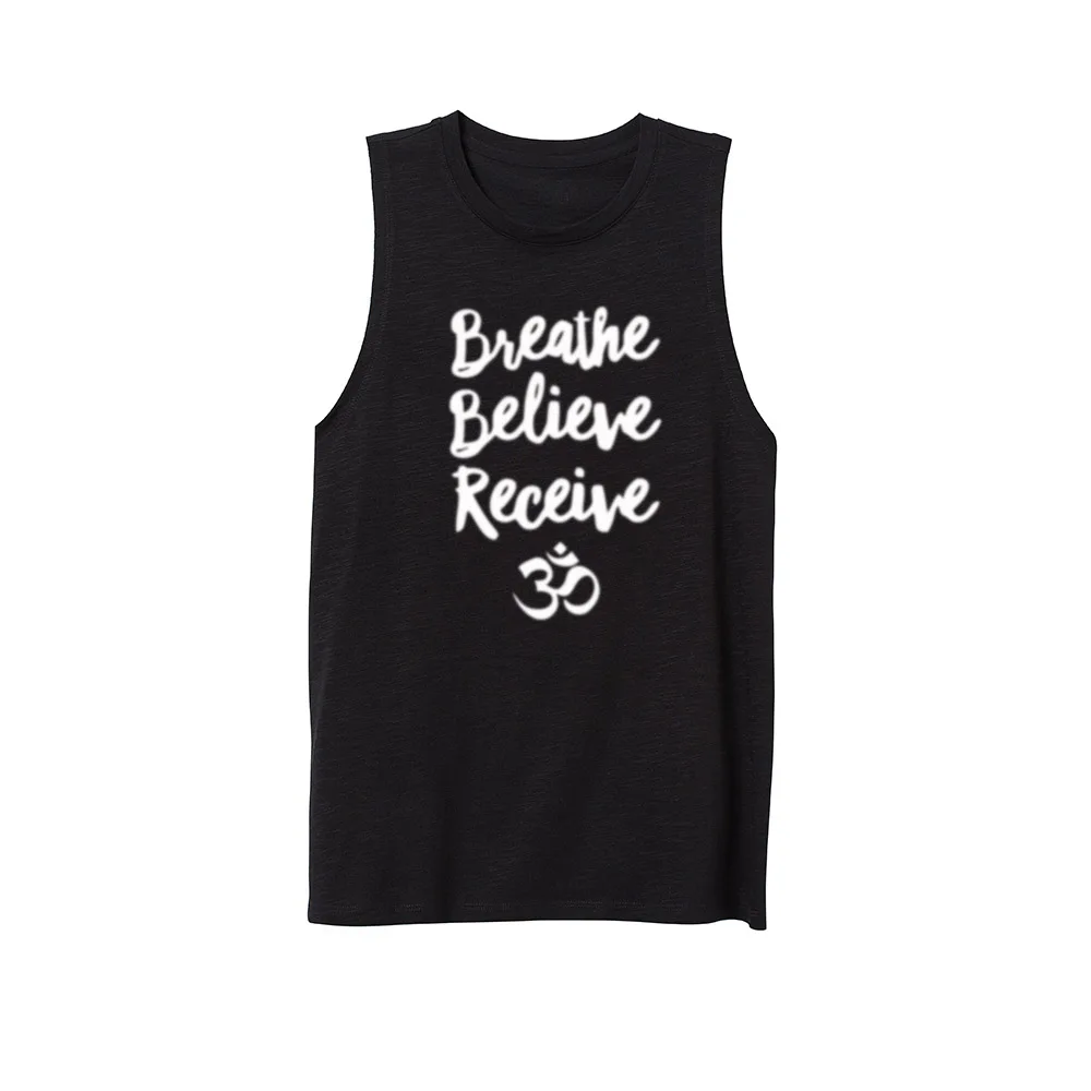 

Womens Breathe, Believe, Receive, Om Workout Fitness Casual Tank Vest Sleveless Tops Shirts
