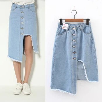 

2018 Europe and the United States new women cut cowboy skirt irregular skirt washed washed high waist skirt