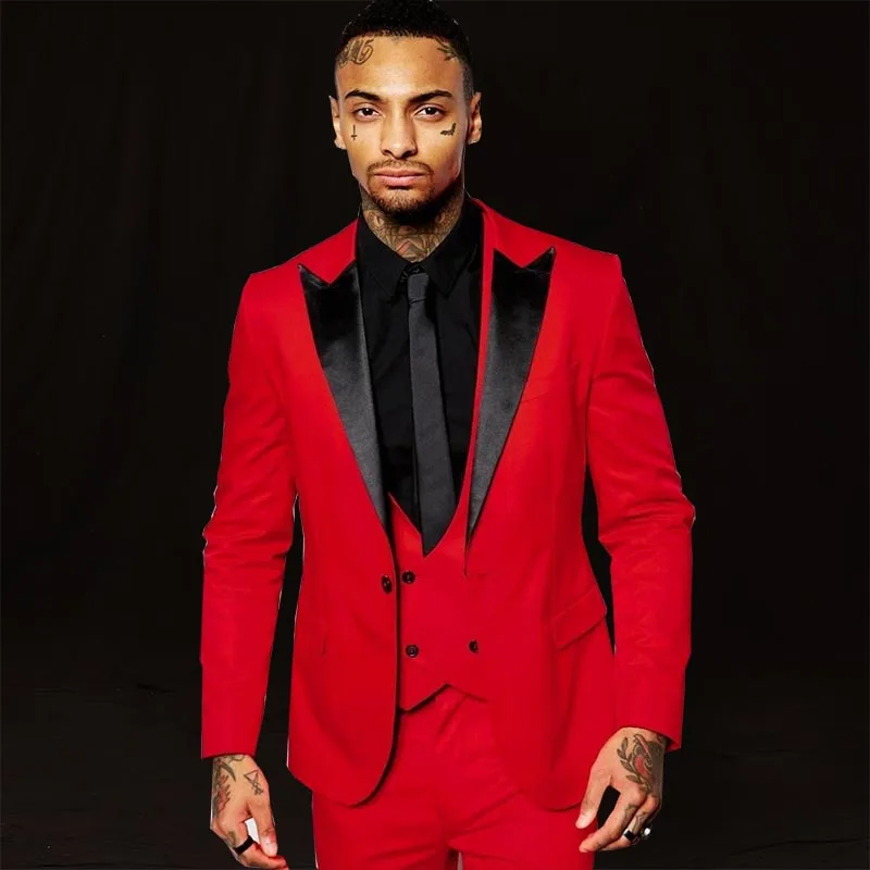 Fashion Mens Red Peak Lapel 3 Pieces Wedding Suits High quality Slim Fit Formal Casual Groom Tuxedos Jacket Blazer Evening Prom