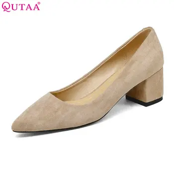 

QUTAA 2020 Shoes Women Square High Heel Platform Women Pumps PU leather Pointed Toe Black Ladies Wedding Woman Shoes Size 34-43
