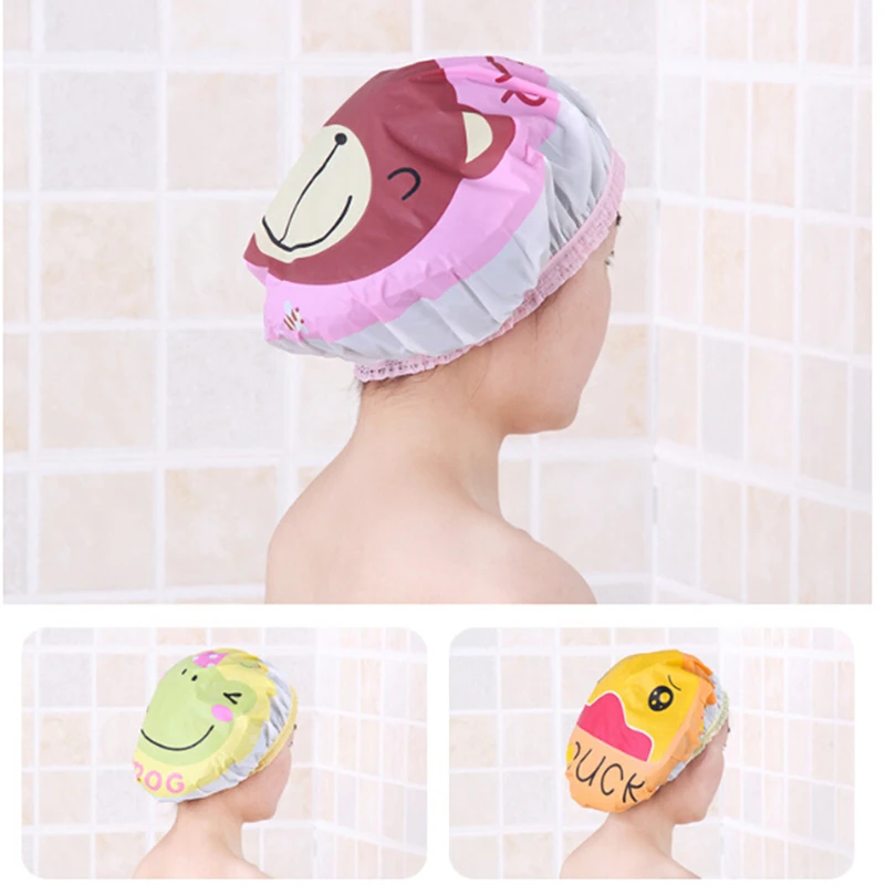 

4 Type Cute Cartoon Shower Bath Cap Hat For Baths And Saunas Lace Elastic Band Cap Spa Cap Women Kids Hair Protective Cap