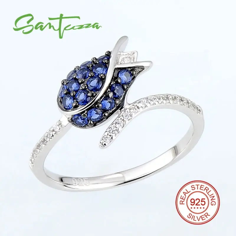 SANTUZZA, серебряное кольцо для женщин, 925 пробы, серебряное, полное любви, цветок тюльпана, кольцо с голубым нано кубическим цирконием, модное ювелирное изделие