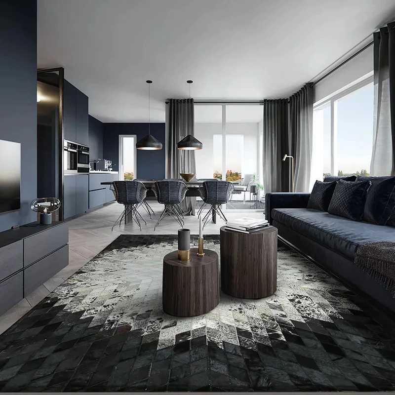 

luxury cowhide fur patchwork rug , real cowskin carpet, black and white mixed living room bedroom decorative ground mat