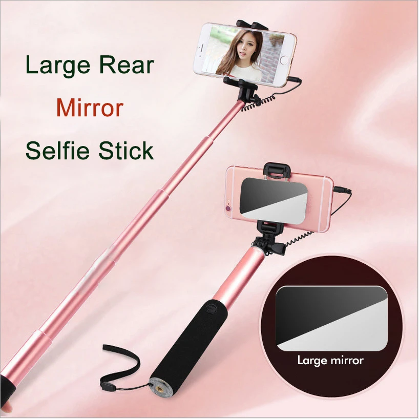 Mini Portable Large Rear Mirror Selfie Stick Extendable Wired Aluminum