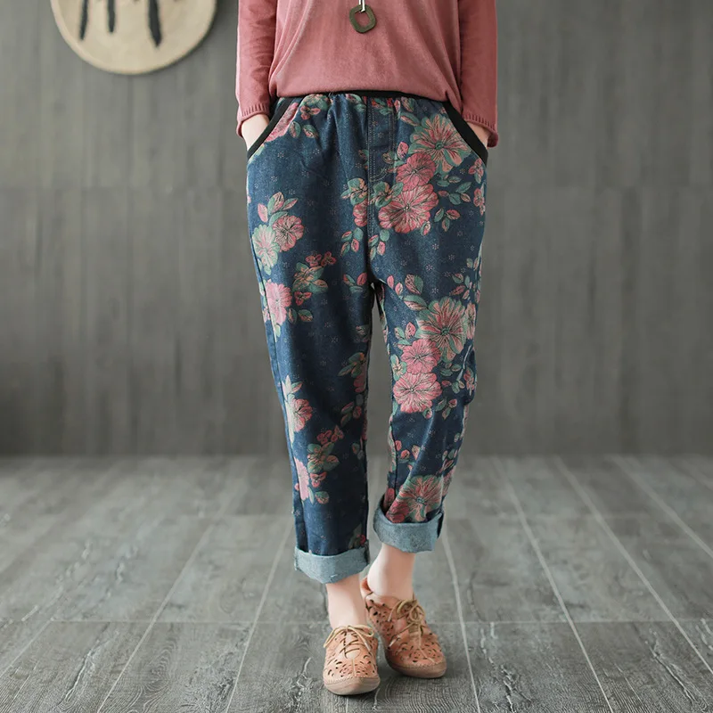 

Autumn New Women's Cotton Thread Stitching Jeans Female Literary Big Flower Printed Thick Pants