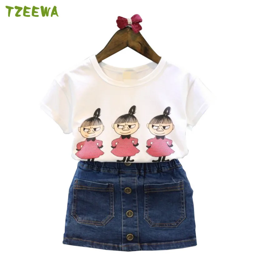 Short Sleeve Girls Clothing Set Summer Denim Girl Skirt Sets Roupa