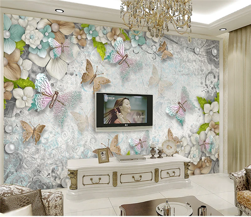 Custom Any Size Interior 3D Butterfly Flower Pearl 3d Gorgeous Mediterranean TV Background Wall Silk Mural Wallpaper