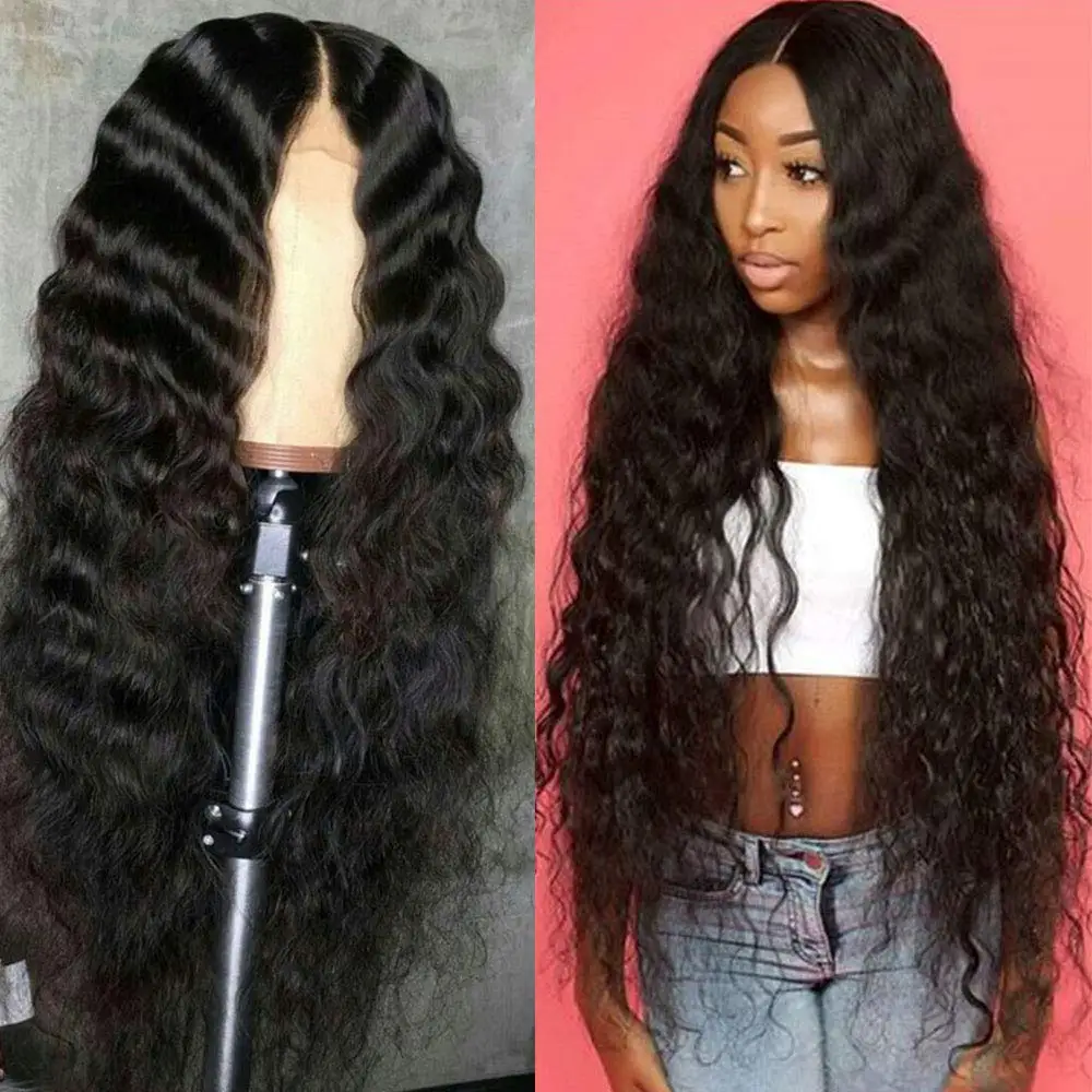 

SimBeauty Long Deep Wave Lace Front Human Hair Wigs with Baby Hair Middle Part 130%-180% Density Pre plucket Glueless for Women