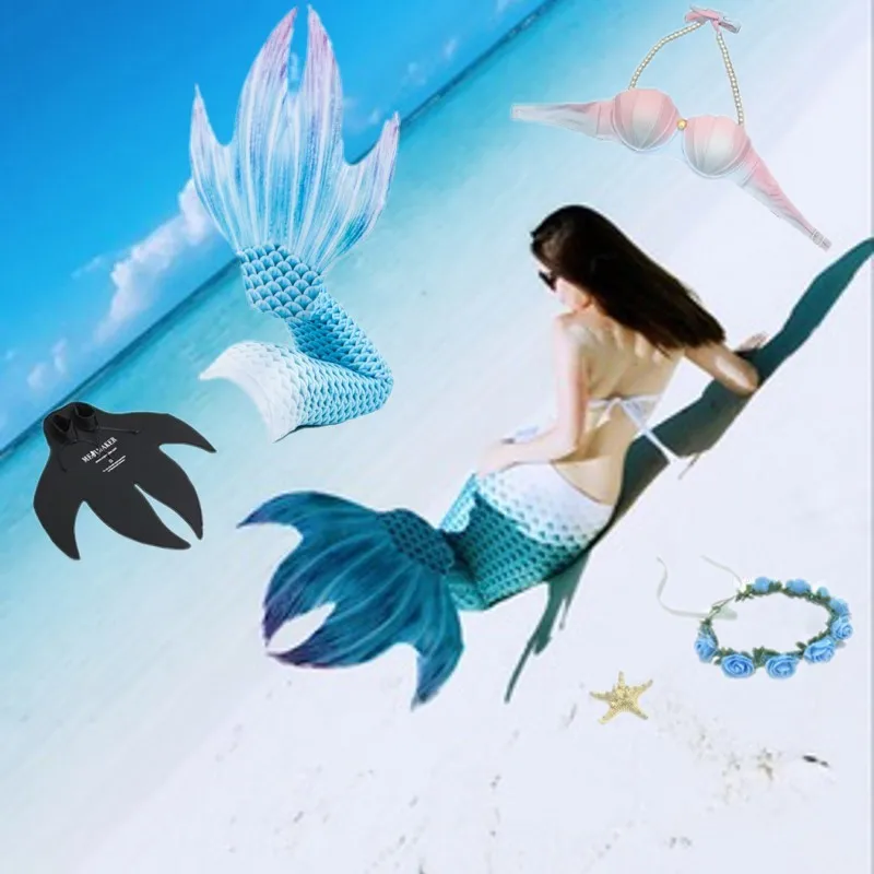 5pcs/set New Mermaid Tail with Flippers Bikini Swimmable  Girl Women Cosplay Costume Mermaid Tails for Swimming Adults Swimsuit