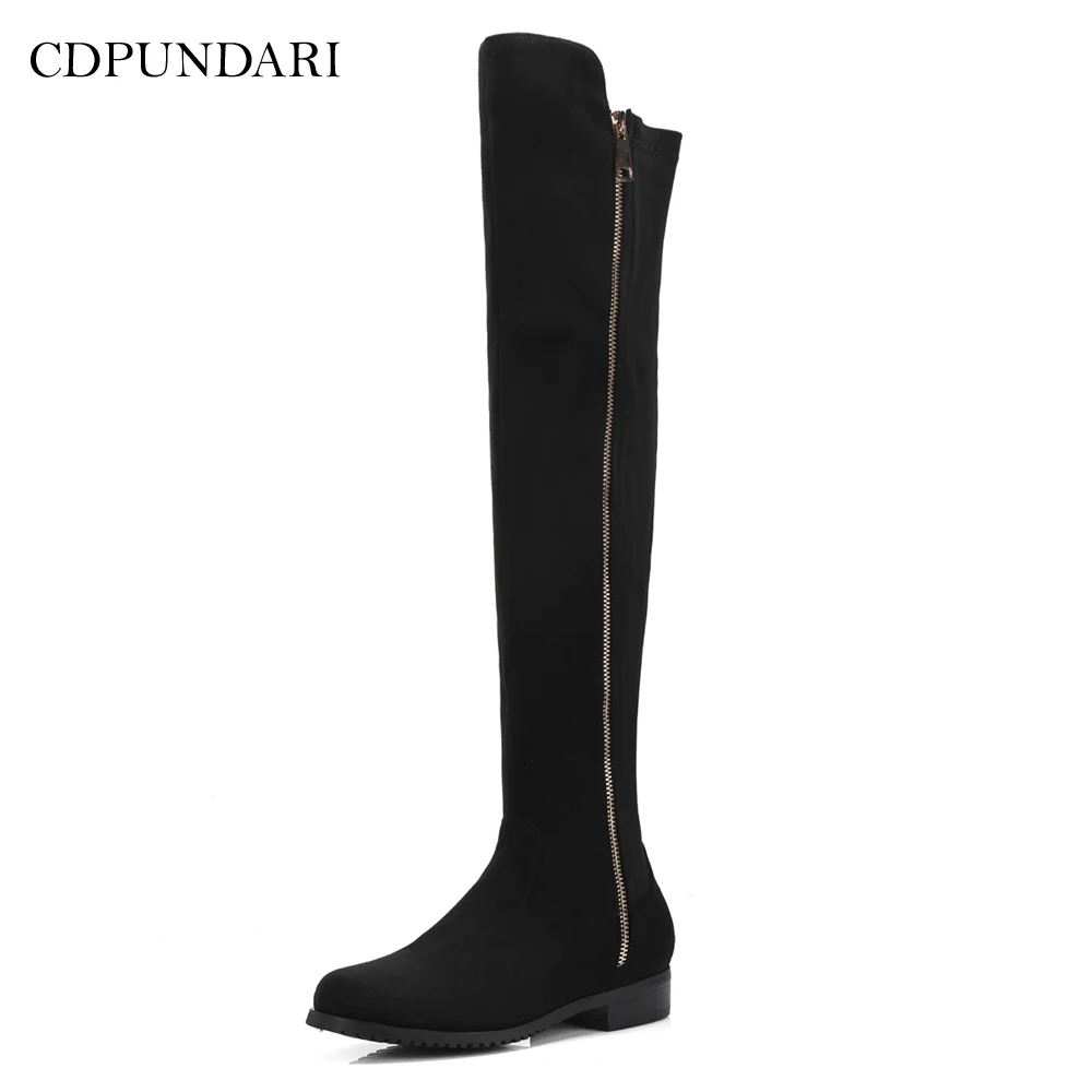 CDPUNDARI/Сапоги до колена из эластичной ткани; женские зимние сапоги на низком каблуке; женская обувь