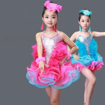 

Latin Dance Dress for Girls Salsa Spandex Rumba Tango Children Ballroom Dresses Kids Samba Competition Cha Cha Sequin Feathers