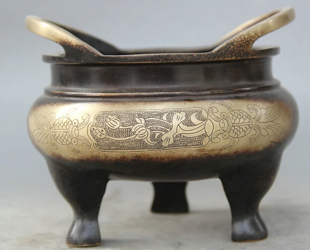 

bi001480 6" Marked Chinese Dynasty Bronze 3 Foot Fish Lotus Flower Incense Burner Censer