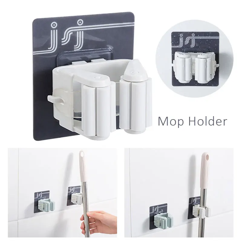 

Mop Holder Mop Clip Wall Mounted Alete Plastic Self-Adhesive Bathroom Wall Sticker Tools Wall Waterproof Shelf Mounted Hanger