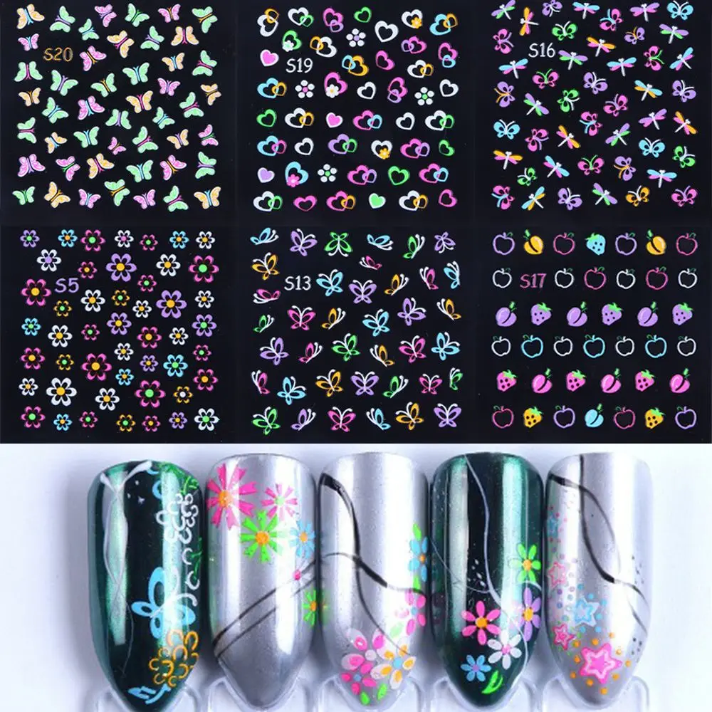 24 шт светящиеся флуоресцентные наклейки для ногтей бабочка Звезда мультфильм украшение для ногтей Наклейка водяной знак ползунки Фольга