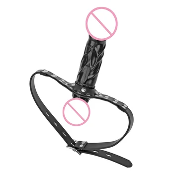IKOKY Silicone Double-Ended Dildos Gag Strap On Open Mouth Dong Plug With Locking Buckles Leather Harness Bondage For Couples 3