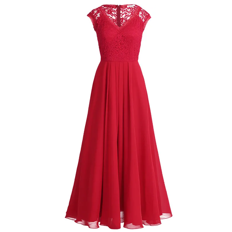 Женское кружевное шифоновое платье подружки невесты без рукавов с цветочным принтом и v-образным вырезом, Длинные вечерние платья для выпускного - Цвет: Red