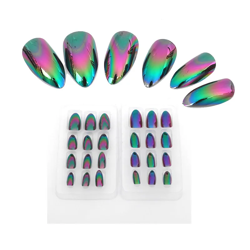 

12PC Discoloration Mirror Metallic Stiletto Chrome Artificial Fingernails Middle-long Size Lady Full Nail Tips False Nail