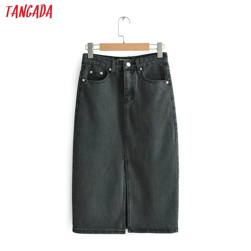 

Tangada women black denim skirts vintage ladies midi skirt fashion casual brand feminina midi calf length saias faldas FN65