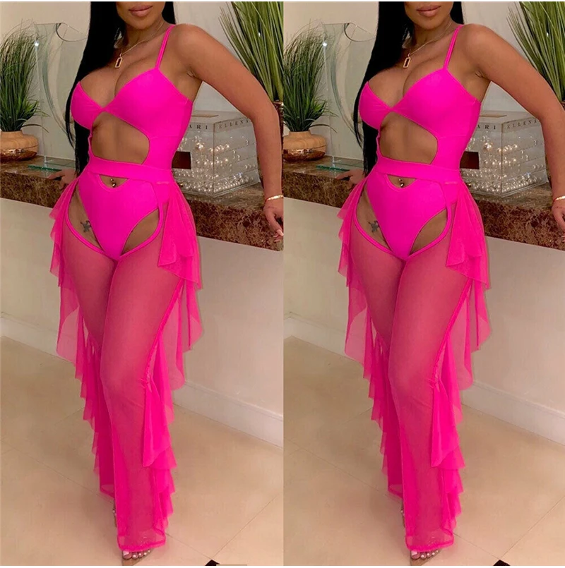 Women Sexy Mesh Bikini Cover up Sheer Bandage Cover Up hollow out Beach Pants See through Ruffles Ladies High waist Beachwear