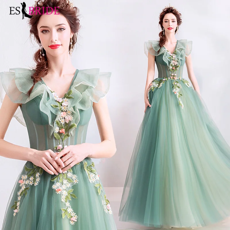 

Green Formal Dress Women Elegant Long Evening Dresses V-neck Elegant Evening Gown 2019 New Arrival Arab Dresses Evening ES2103