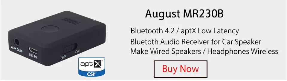 August MR230B Bluetooth v4.2 aptX Low Latency Audio Adapter / Empfänger für Hifi-Audiogeräte / Aktiv-Lautsprecher Radio oder Lautspreche Plug & Play Receiver- kabelloses Musikstreaming von jedem Bluetooth-Gerät auf Ihre Hifi-Anlage 