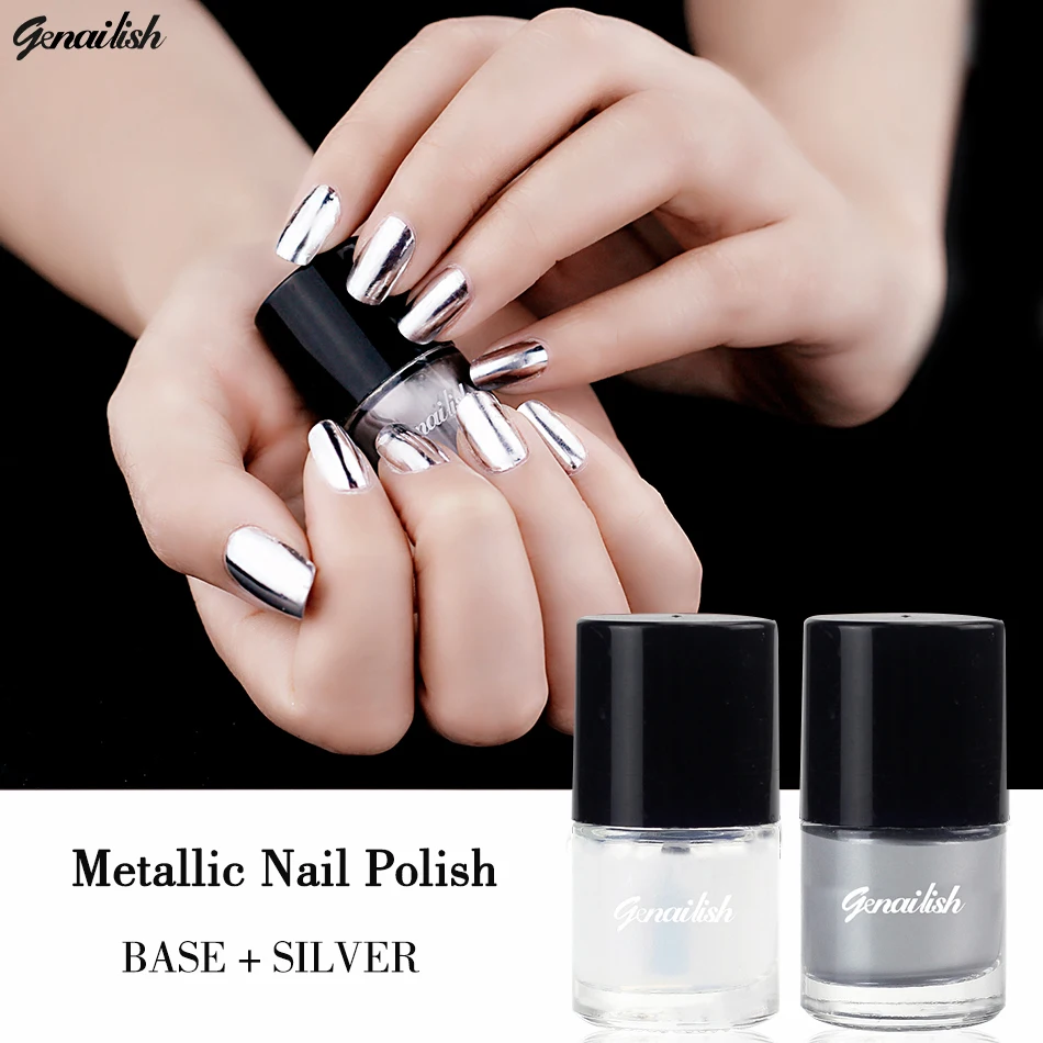 genailish 2pc/lot 6ml Metallic Nail Polish Silver Mirror Effect Nail Varnish+BASE Coat Shinning Nail Art Polish-GD