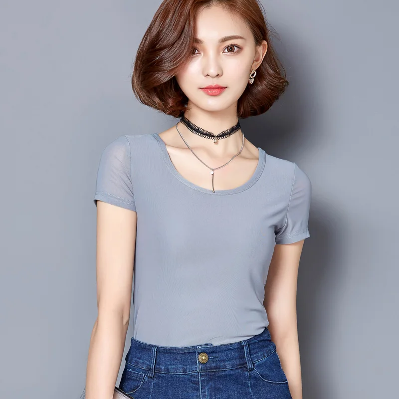8 Colors Mesh T Shirt Women 2018 Summer Short Sleeve O Neck Casual Tshirt Elegant Office Lady T-shirts Tops Plus Size M-3XL A293