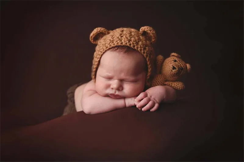 Для новорожденных Подставки для фотографий аксессуары медведь шапка Кепки+ кукла комплекты Bebe ручной вязки шапочка медведь игрушка