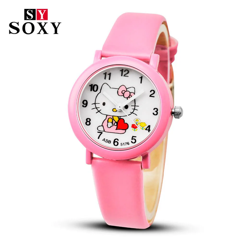 2017 Hello Kitty Cartoon Watches Kid Girls Leather Straps Wristwatch