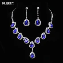 BLIJERY Королевский голубой кристалл свадебные комплекты ювелирных изделий капля ожерелье Комплект сережек для женщин вечерние обручальные свадебные комплекты ювелирных изделий