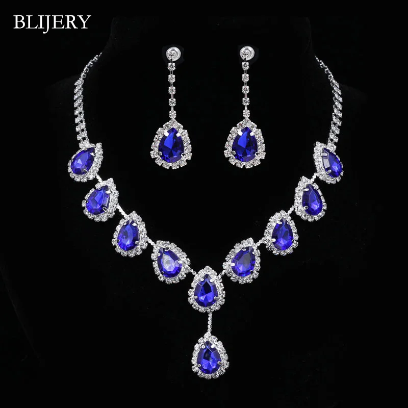

BLIJERY Royal Blue Crystal Bridal Jewelry Sets Waterdrop Necklace Earrings Set for Women Party Engagement Wedding Jewelry Sets