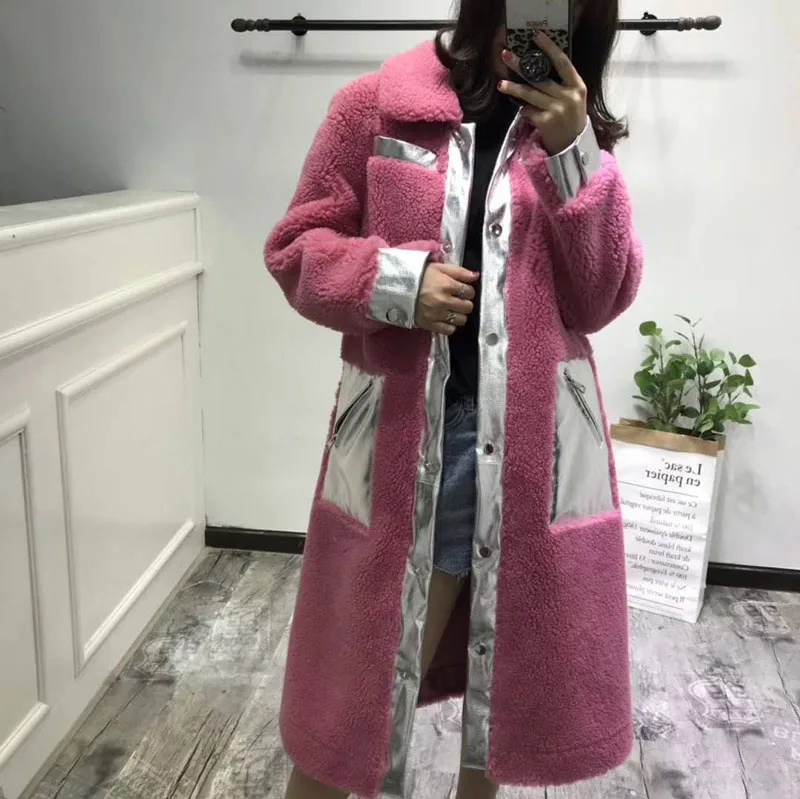 Long coat women winter sheep fur coats 2019 real price wool parka plus size jacket Korean pink overcoat sheep shearing jackets