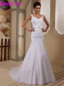 

2019 Real Mermaid Sleeveless Wedding Dresses V Neck Beaded Lace Appliques Buttons Back Flowers Country Bridal Gowns Custom Make