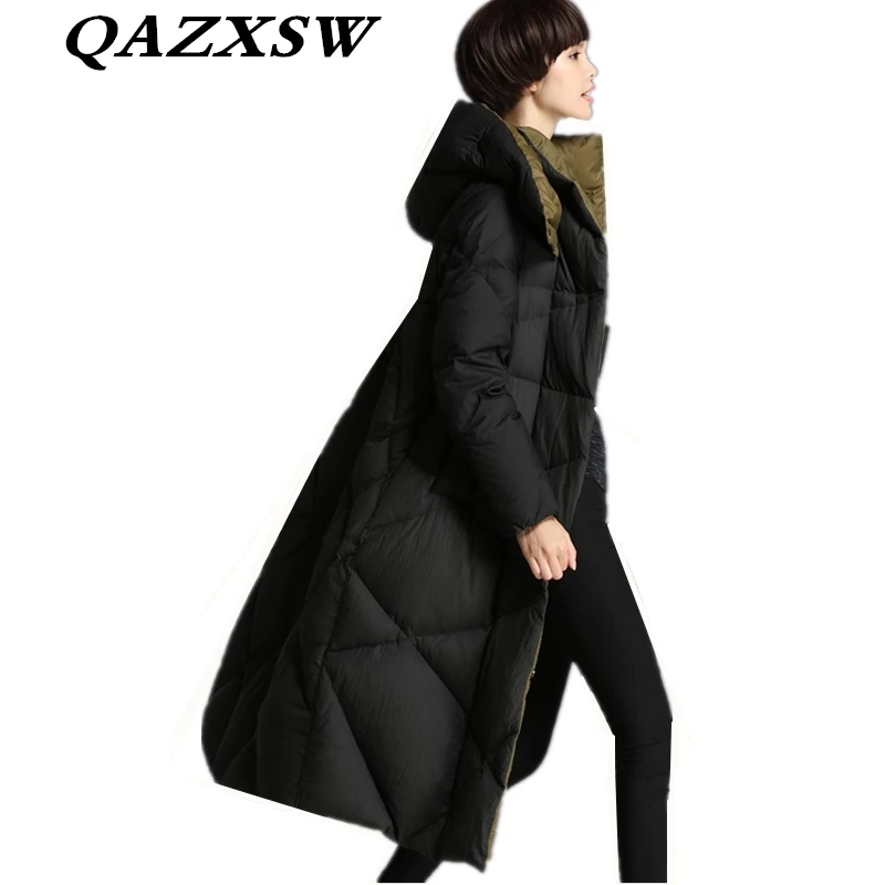 Kopen 2018 Nieuwe Vrouwen Winter Down Jas Solid Hooded Lange 100% Down Jas Winter Groot Formaat Losse Dikker Mode Warme Bovenkleding LC005