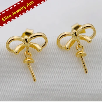 

S925 Sterling Silver Bowknot Design Drop Earrings Women DIY Pearl Earrings Accessory Silver&Gold 3Pairs/Lot