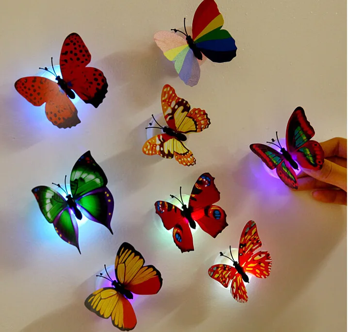 Красочный светящийся светодиодный светильник в виде бабочки, свадебный декоративный светильник, наклейки для детей, маленькие подарки, игрушки, игры, на батарейках