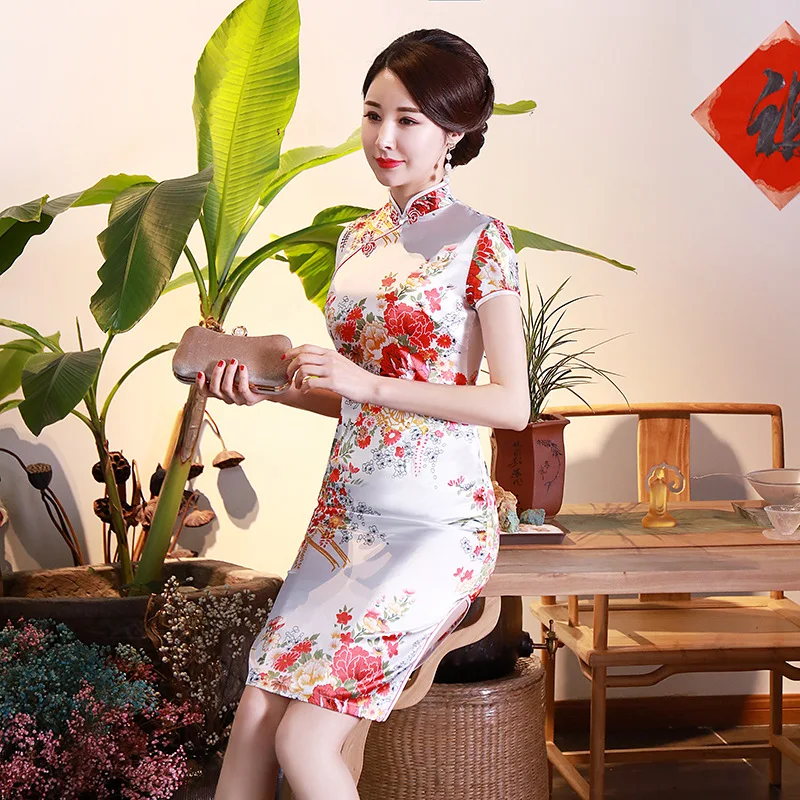 Новое поступление синий китайский женский Шелковый rayou Холтер Cheongsam Мини Qipao платье Peafowl Размер s m l xl XXL D0027