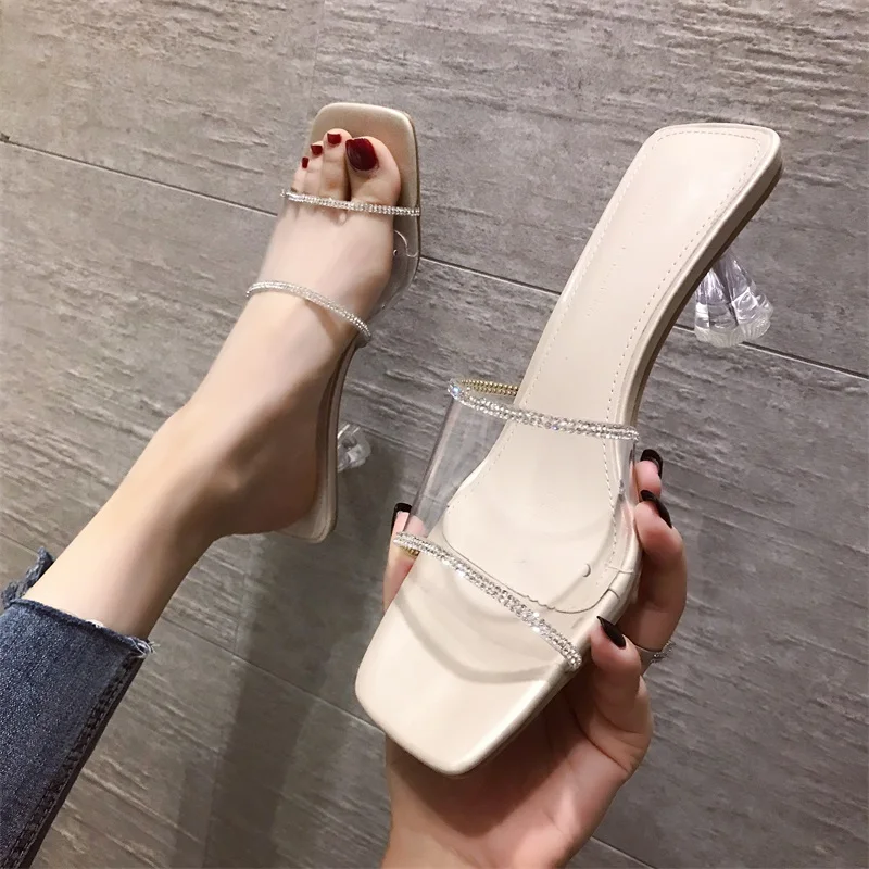 

Summer Transparent Mules Ladies Slippers Slides Slippers Women Shoes Flash Bling Crystal Peep Toe Spike High Heels Shoes Woman