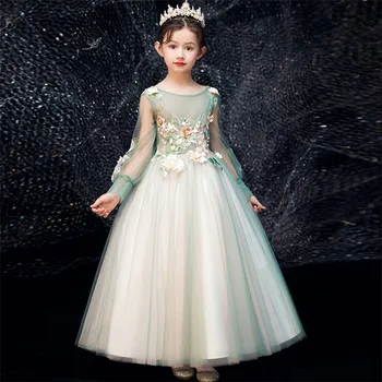 

Children Girls Elegant Appliques Flowers Long Sleeves Birthday Evening Party Princess Mesh Dress Kids Teens Host Piano Dress