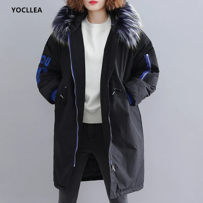 De Fourrure Lettre Le Parkas Lâche Veste Tops Broderie Grand 2017 Grande Taille Manteau à Fourrure Capuche Femme Mi Long