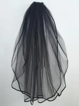 

2-layer fingertip length black ribbon bridal veil white ivory wedding veil comb