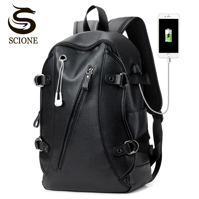  Men's Leather Waterproof Large Laptop Bag USB Design with Headphone hole Travel Backpack School Bag - 32887508706