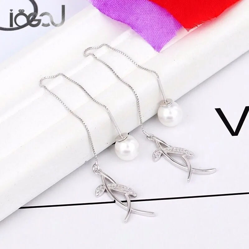

IOGOU Genuine 925 Sterling Silver Drop Earrings Simulated Pearl Hollow Leaf Women Earrings Engagement Party Show Dangle Earrings