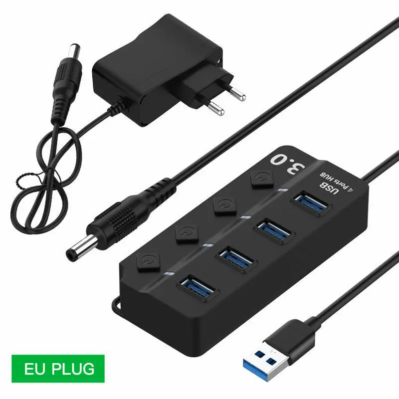 Fealushon 4/7 Порт USB 3.0 Концентратор 5 Гбит / с Высокоскоростной Вкл. Выкл. Включает адаптер переменного тока для ПК - Цвет: 4 Port add EU Plug