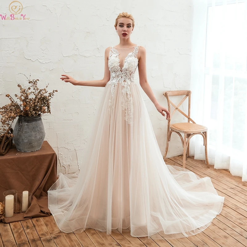 

Scoop Neck Wedding Dresses Simple Sleeveless Elegant A Line Tulle Appliques Lace Up Plus Size Custom Bridal Gowns robe de mariee