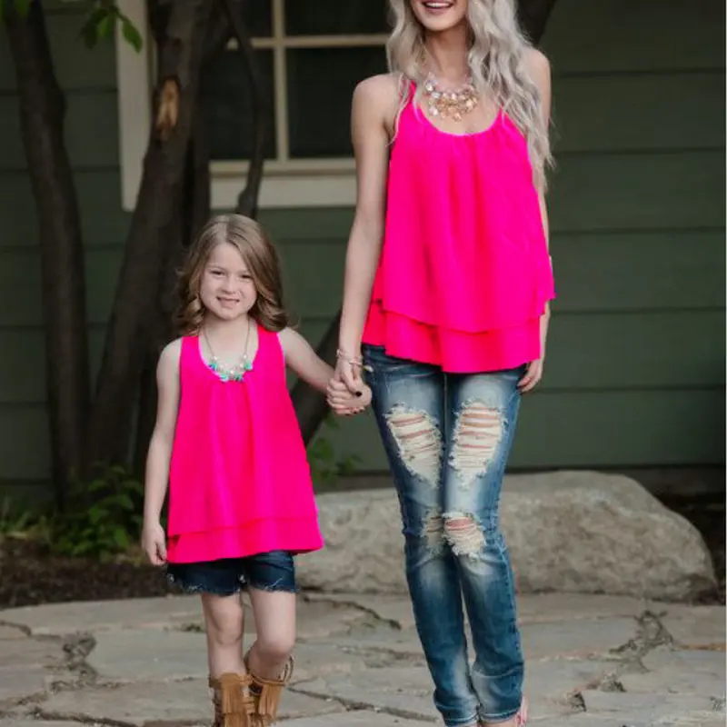 

2018 Family Matching Mother And Daughter Clothes Outfits Sleeveless T-shirt Beach Mom Daughter Tee Tops Teen Girls Women Tshirts