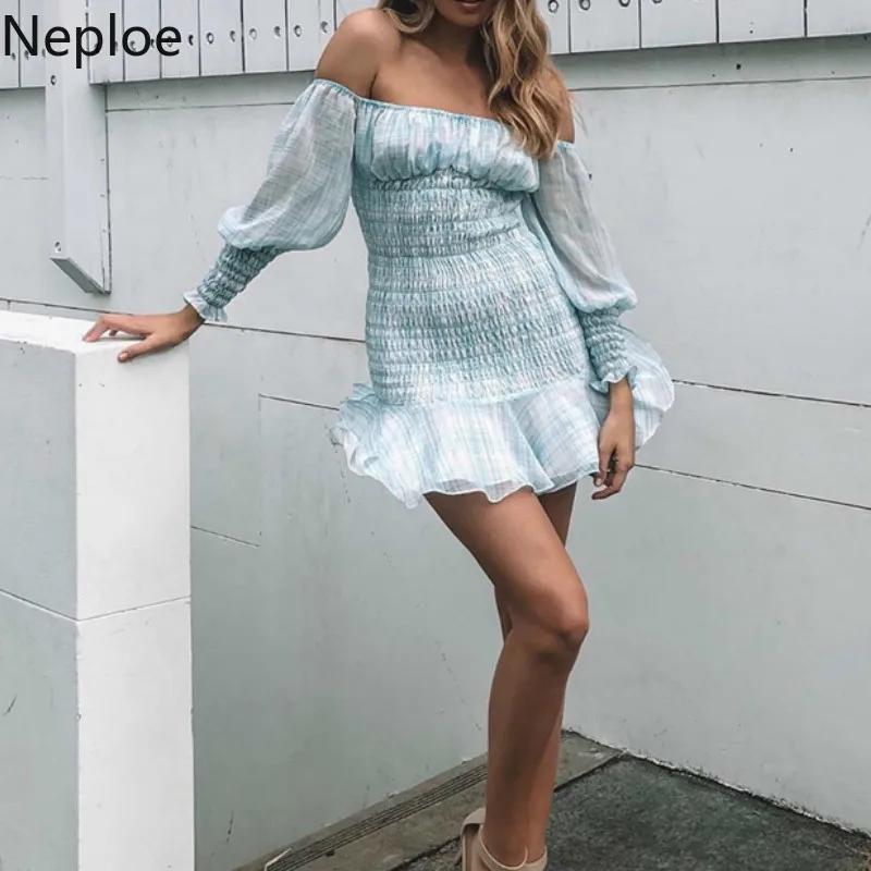 

Neploe Plaid Women Dress Sexy Slash Neck Puff Sleeve Robe Summer 2019 French Pleated Slim Waist Beach Vestidos 44843