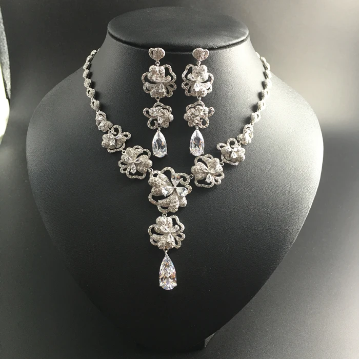 

2019 new popular flower crystal water drop zircon necklace earring jewelry set wedding bride banquet dress jewelry free shipping